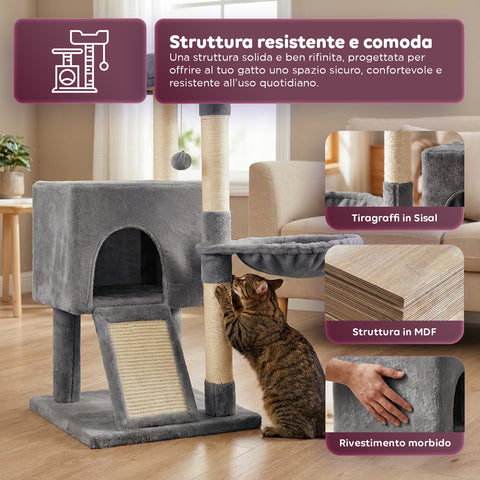 puppy lovers albero tiragraffi per gatti multilivello h 87 cm in sisal con amaca piattaforme e gioco a pallina 45x40 cm ean 8054806950481