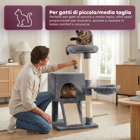 puppy lovers albero tiragraffi per gatti multilivello h 87 cm in sisal con amaca piattaforme e gioco a pallina 45x40 cm ean 8054806950481