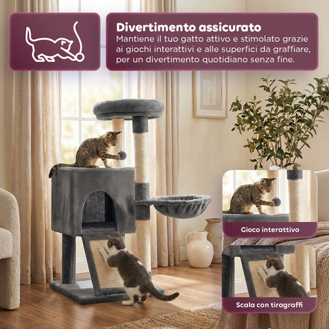puppy lovers albero tiragraffi per gatti multilivello h 87 cm in sisal con amaca piattaforme e gioco a pallina 45x40 cm ean 8054806950481