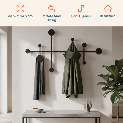 avilia home appendiabiti da parete moderno con 10 ganci in metallo resistente 59x335 cm portata 30 kg kit montaggio incluso 59x335 cm ean 8052879010880