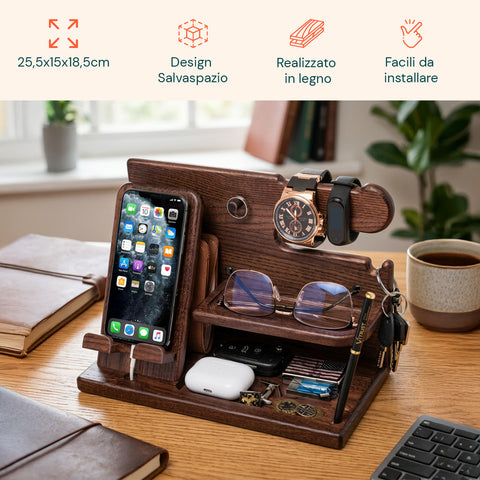 avilia home organizer da scrivania in legno con supporto smartphone e porta orologi compreso di alloggiamento per il cavo ricarica 255x15x185 cm ean 8052879011412