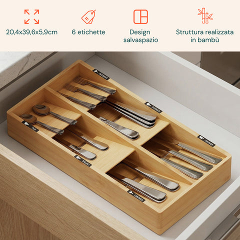 axentia organizer portaposate in bambu con 6 scomparti ed etichette per cassetti cucina 20x39 cm in legno naturale ean 8052879012051