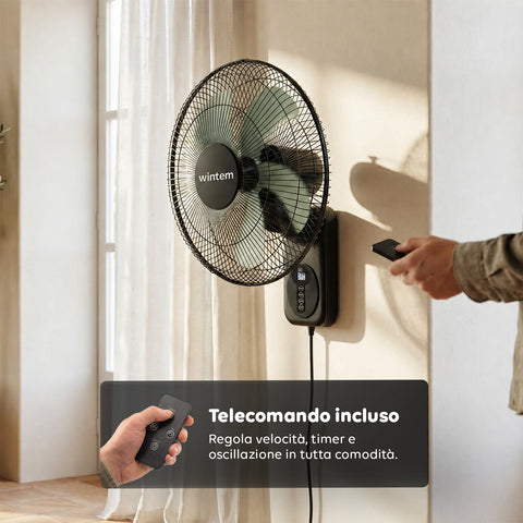 wintem barrow ventilatore da parete nero 40cm 60w 8 velocita con telecomando e timer 9h oscillazione 120 e inclinazione 30 ean 8056819040210