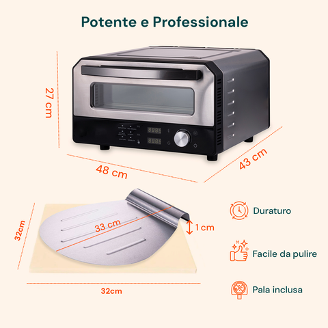 Forno Pizza Elettrico con Pietra Refrattaria e Pala Acciaio 33x26cm
