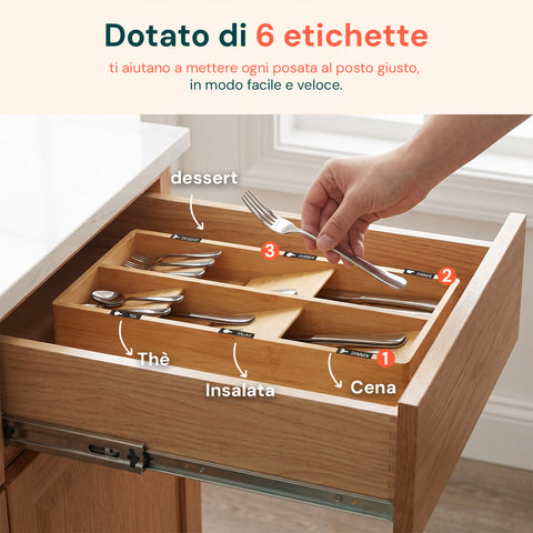 axentia organizer portaposate in bambu con 6 scomparti ed etichette per cassetti cucina 20x39 cm in legno naturale ean 8052879012051