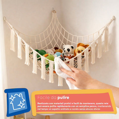 keiki amaca angolare da parete porta giocattoli in cotone rete per peluche salvaspazio 105x140x105 cm kit di montaggio con ganci e fischer inclusi ean 8056590110065