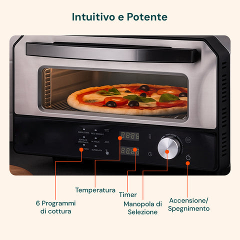 Forno intuitivo e potente con 6 programmi di cottura, controlli temperatura, timer, manopola selezione e accensione