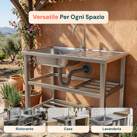 avilia home lavello multifunzione in acciaio inox con fontana lavandino con vasca gocciolatoio e doppia mensola reversibile dxsx 75x40x80 cm ean 8056244083189