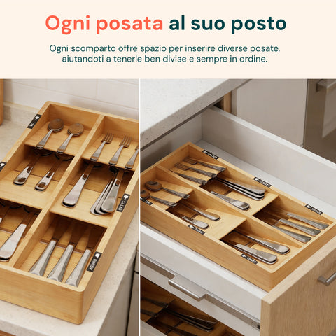 axentia organizer portaposate in bambu con 6 scomparti ed etichette per cassetti cucina 20x39 cm in legno naturale ean 8052879012051