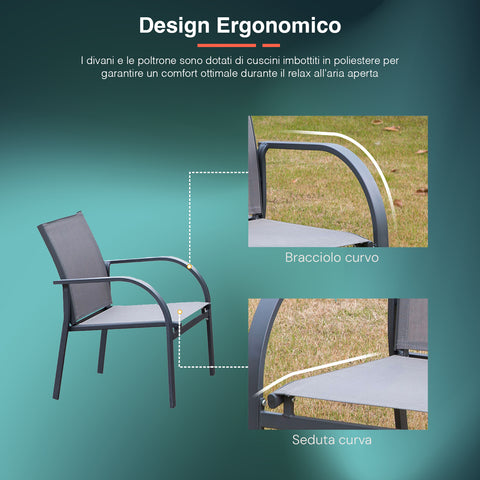 Design ergonomico del set da giardino con dettagli su bracciolo curvo e seduta sagomata - Poltrona da esterno con cuscini imbottiti in poliestere per massimo comfort
