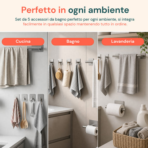avilia home set 5 accessori bagno adesivi grigio in acciaio inox portata 25kg completo di porta rotolo e ganci per asciugamani ean 8052879012020