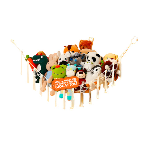 keiki amaca angolare da parete porta giocattoli in cotone rete per peluche salvaspazio 105x140x105 cm kit di montaggio con ganci e fischer inclusi ean 8056590110065