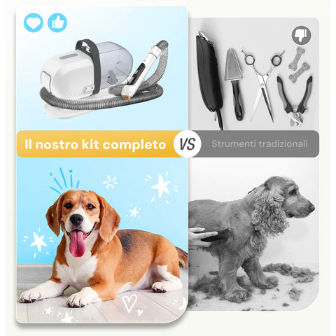 Kit toelettatura completo vs strumenti tradizionali - Pet Grooming Set 350W con aspirazione per cani felici