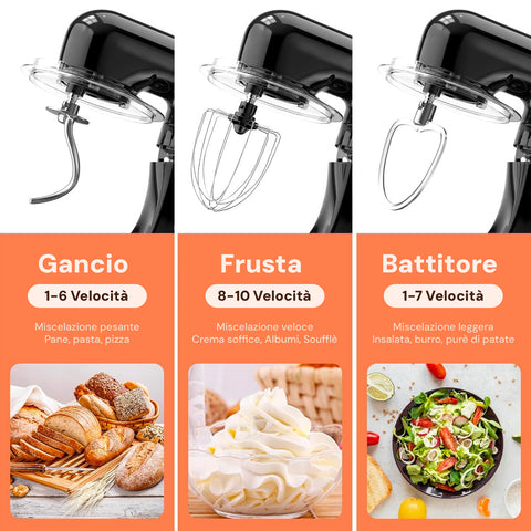 Avilia Impastatrice Planetaria 1500W Ciotola Inox 5L 10 Velocità con Ricettario, Accessori e Funzione Pulse Nera Ean-8056819047578