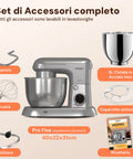 Avilia Impastatrice Planetaria 1500W Ciotola Inox 5L 10 Velocità con Ricettario, Accessori e Funzione Pulse Silver Ean-8056819047578
