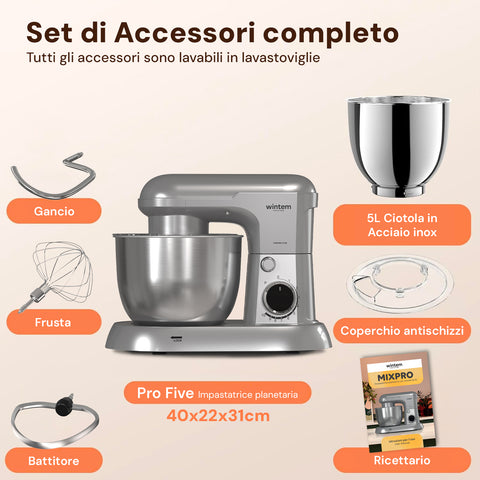 Avilia Impastatrice Planetaria 1500W Ciotola Inox 5L 10 Velocità con Ricettario, Accessori e Funzione Pulse Silver Ean-8056819047578