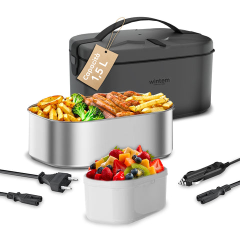 Set completo lunch box elettrico 1,5L con contenitori acciaio inox, doppi cavi alimentazione casa-auto e contenitore frutta