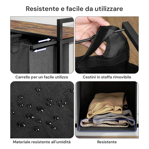 Avilia Mobile Portabiancheria  Struttura in Acciaio con 3 Cestini Estraibili e Ripiano in MDF Salvaspazio Multiuso 114L Ean 8056819050721