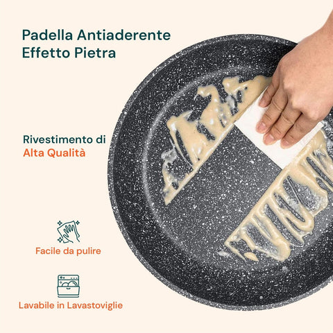 Padella Bavaria antiaderente effetto pietra con spatola in legno - rivestimento alta qualità facile da pulire e lavabile in lavastoviglie