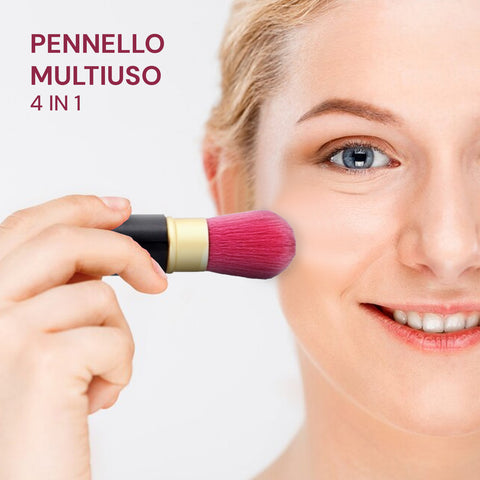 Donna che applica il trucco con pennello multiuso 4 in 1, perfetto per fondotinta e cipria, beauty routine quotidiana