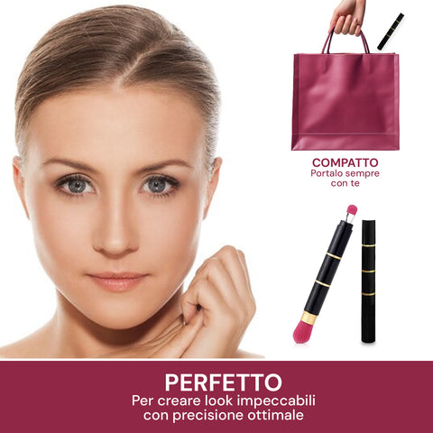 Pennello trucco multiuso compatto e portatile con borsa rosa, perfetto per makeup in viaggio e ritocchi quotidiani