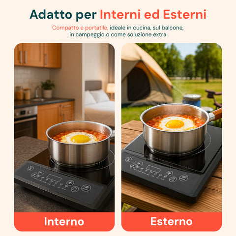 Piastra induzione Wintem adatta per interni ed esterni, compatta e portatile ideale in cucina, balcone, campeggio come soluzione extra