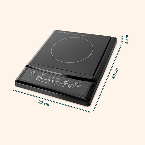 Piastra induzione Wintem dimensioni compatte 22x40x4 cm, design elegante nero con pannello controlli touch, perfetta per ogni cucina