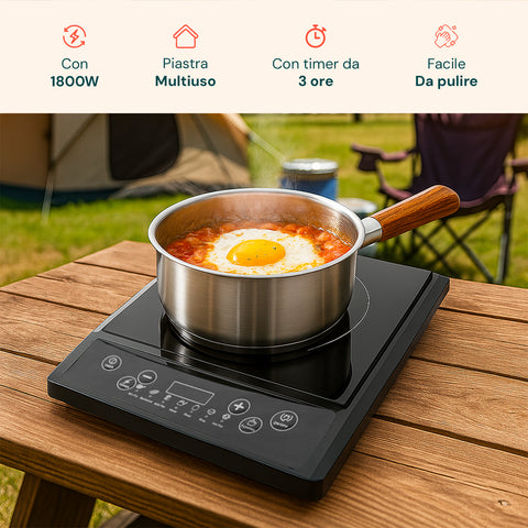 Piastra induzione Wintem 1800W multiuso con timer 3 ore, facile da pulire, perfetta per campeggio con uovo in padella acciaio