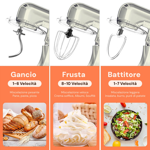 Planetaria Wintem tre accessori: gancio 1-6 velocità per pane pasta pizza, frusta 8-10 velocità per creme soufflé, battitore 1-7 velocità per insalate burro