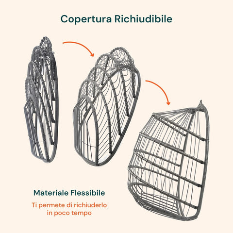 Poltrona a Dondolo Sospesa Gaia Grey in Rattan Artificiale Grigio Struttura Acciaio con Cuscini e Portata 140 kg Ean 8023755069100
