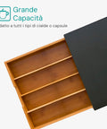 Cassetto Porta Capsule e Cialde in Bambù con ripiano in vetro, compatto con 4 scomparti. Ean 8056819042719