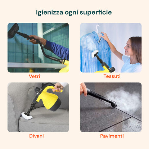 Pulitore a Vapore Portatile 100° 1050W Serbatoio 350ml con Riscaldamento Rapido e 7 Accessori Inclusi, Giallo  e Nero Ean 8059300010181