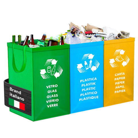 Set 3 borse raccolta differenziata in plastica lavabile con etichette multilingue - Contenitori colorati per vetro (verde), plastica (blu) e carta (giallo) di produzione italiana