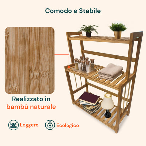 Scaffale realizzato in bambù naturale leggero ed ecologico, comodo e stabile, resistente all'umidità per uso quotidiano