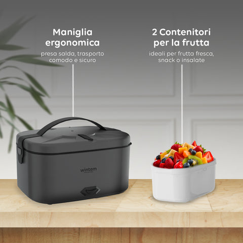 Scaldavivande con maniglia ergonomica per trasporto sicuro e 2 contenitori aggiuntivi per frutta fresca, snack e insalate