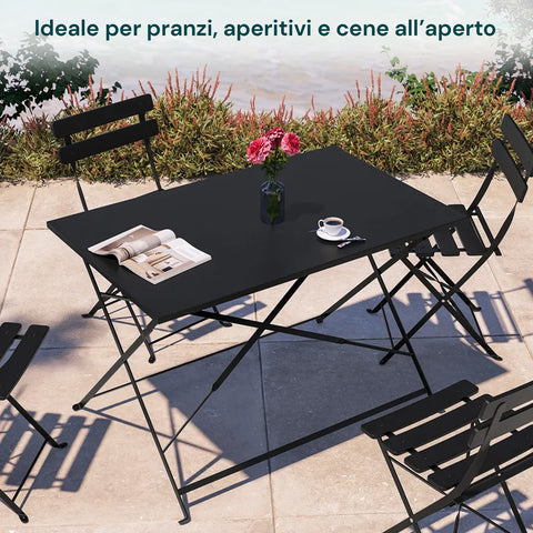 Set Koby Double Salotto Con Tavolo E 4 Sedie Pieghevoli In Metallo Antracite