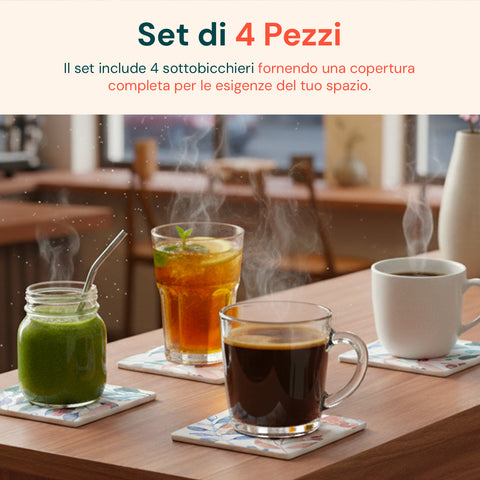 Sottobicchieri Floreali in Ceramica – Set 4 per Bevande Calde e Fredde