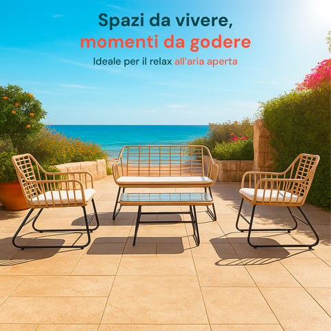 Set Cebu Salotto Con Tavolo In Vetro Divano E 2 Poltrone In Polyrattan