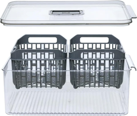 Set completo doppio contenitore frigorifero con coperchio trasparente e due cestelli neri removibili - organizer Tidy 32x22cm