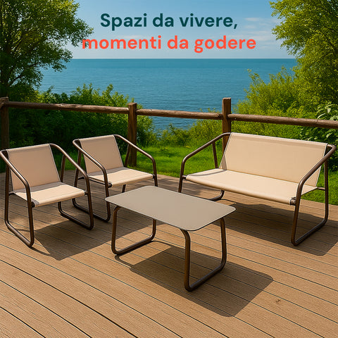 Set Nizza Salotto Con Tavolo In Vetro Divano E 2 Poltrone In Textilene Beige