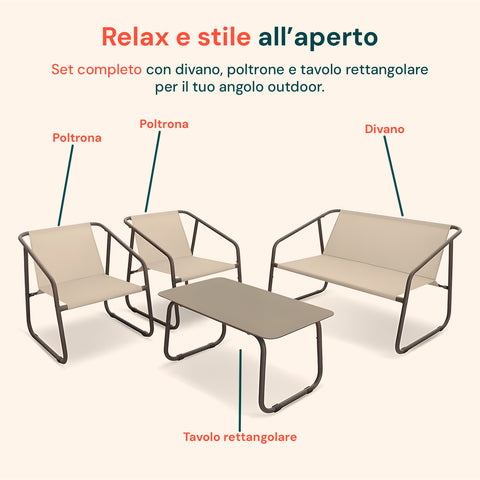 Set Nizza Salotto Con Tavolo In Vetro Divano E 2 Poltrone In Textilene Beige