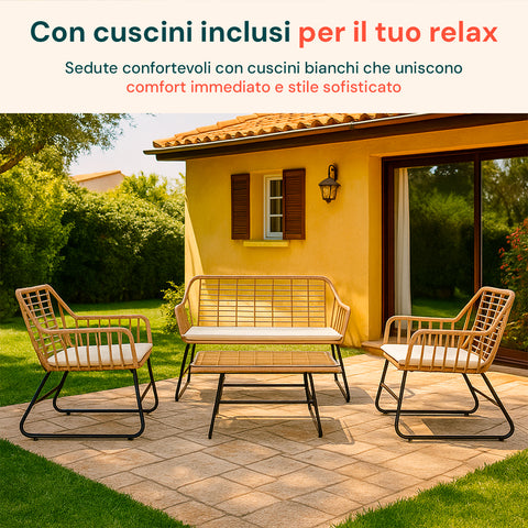 Set Cebu Salotto Con Tavolo In Vetro Divano E 2 Poltrone In Polyrattan