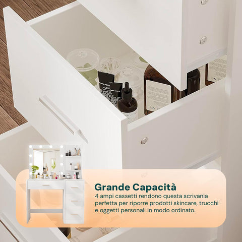 Scrivania con Specchio e Luci LED 3 Tonalità Naturale, Calda, Fredda per Make-Up e Organizzazione