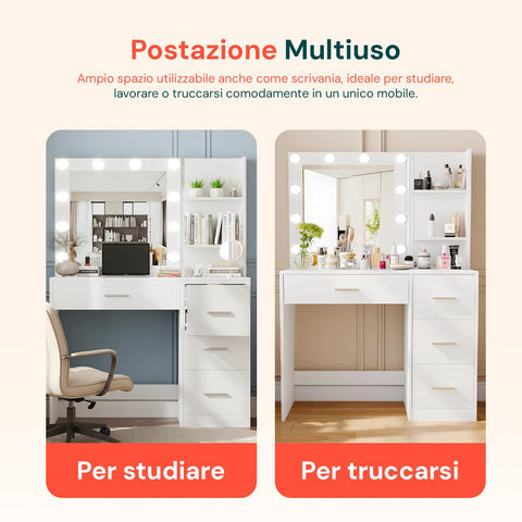 Scrivania con Specchio e Luci LED 3 Tonalità Naturale, Calda, Fredda per Make-Up e Organizzazione