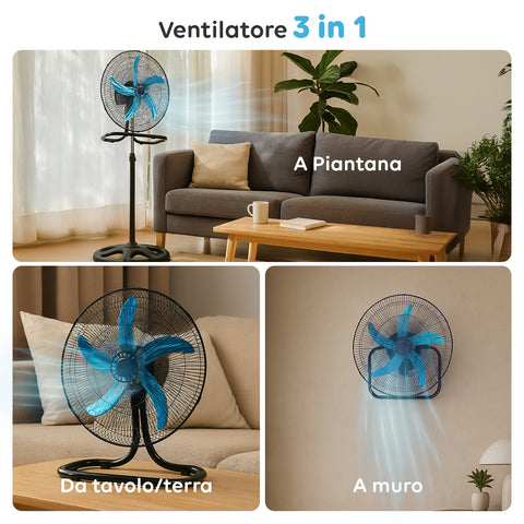 Ventilatore 3 in 1 50W multiuso da parete, tavolo e piantana